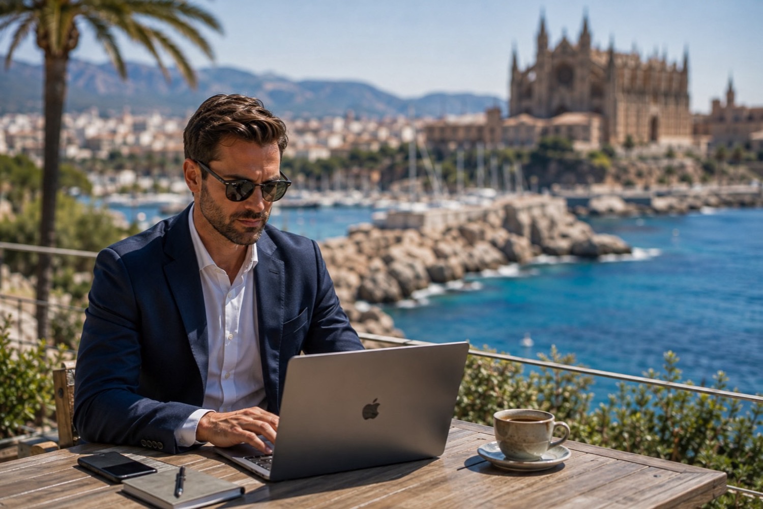 Business Photo Shoot Mallorca — man in a suit working on a laptop on a terrace above Palma harbour