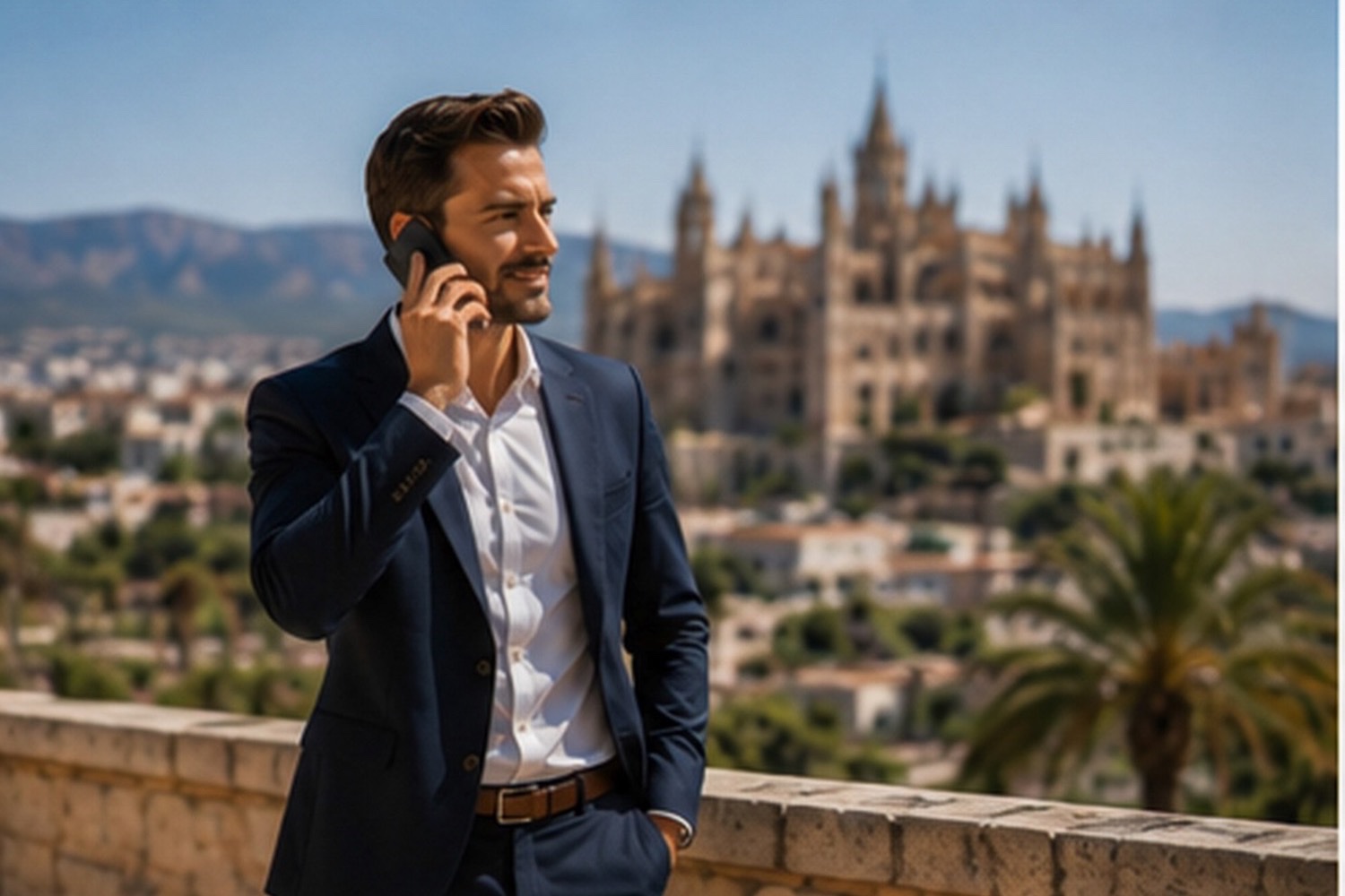 Business Photo Shoot Mallorca — businessman on the phone in front of Palma cathedral