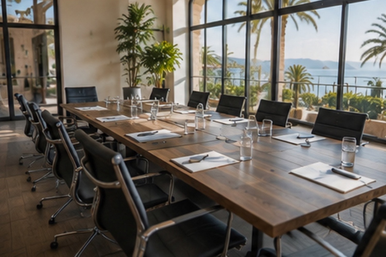 Business Photo Shoot Mallorca — meeting room with a long wooden table and sea view