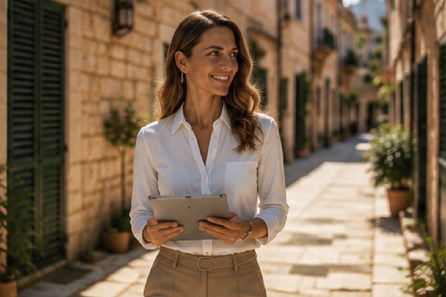 Business Photo Shoot Mallorca — woman with a tablet in an old town lane