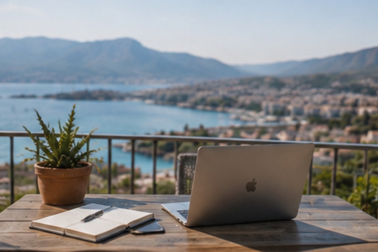 Business Photo Shoot Mallorca — laptop and notebook on a terrace overlooking the bay