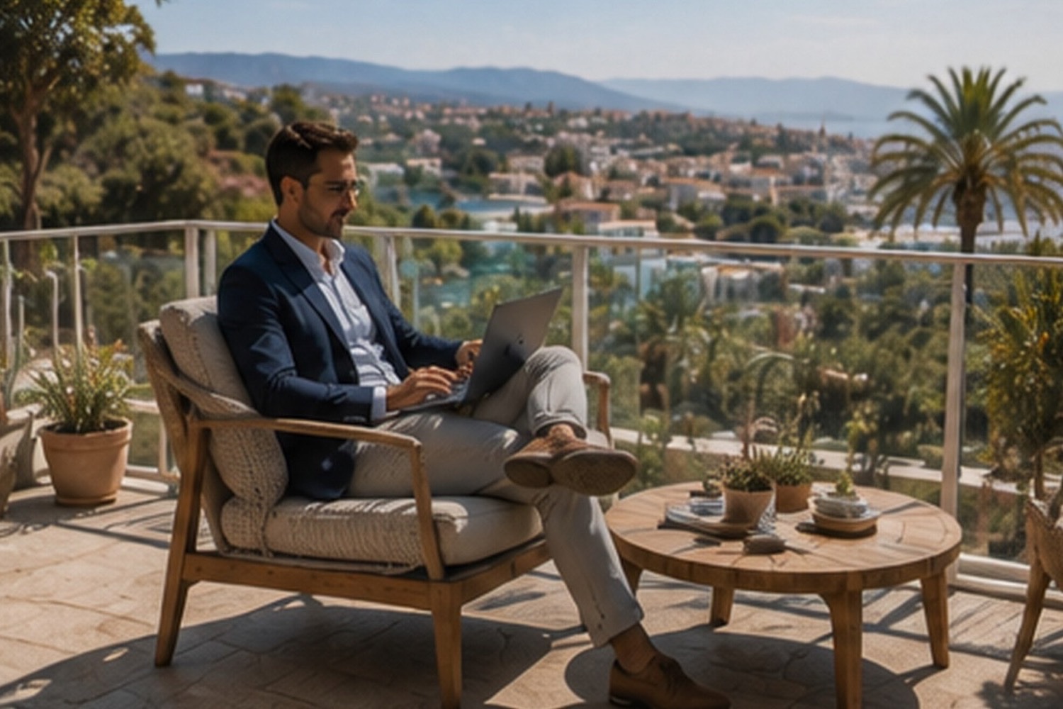 Business Photo Shoot Mallorca — man in a blazer working in an armchair on a roof terrace