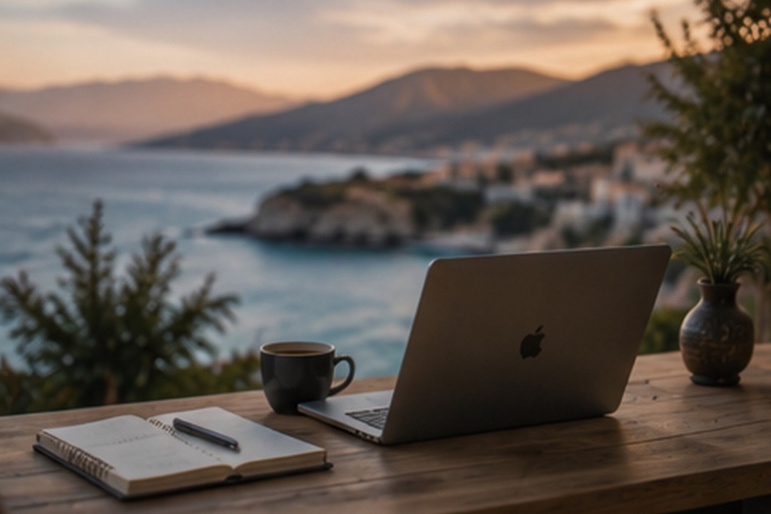 Business Photo Shoot Mallorca — desk with laptop and coffee by the sea at blue hour