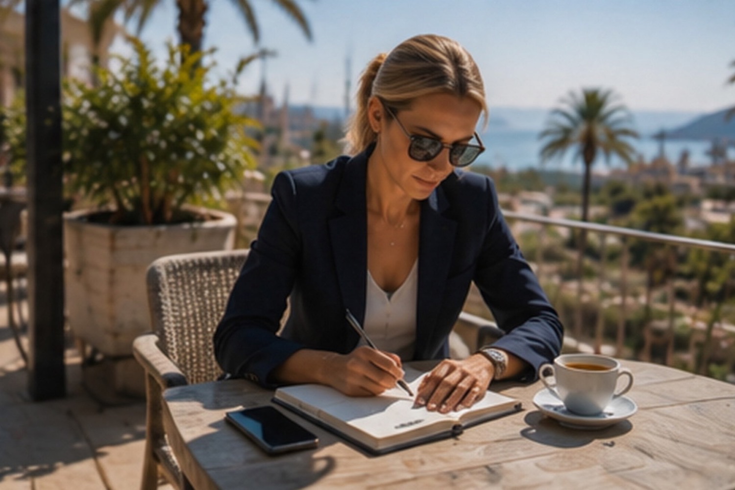 Business Photo Shoot Mallorca — woman in a blazer taking notes on a terrace with palm trees