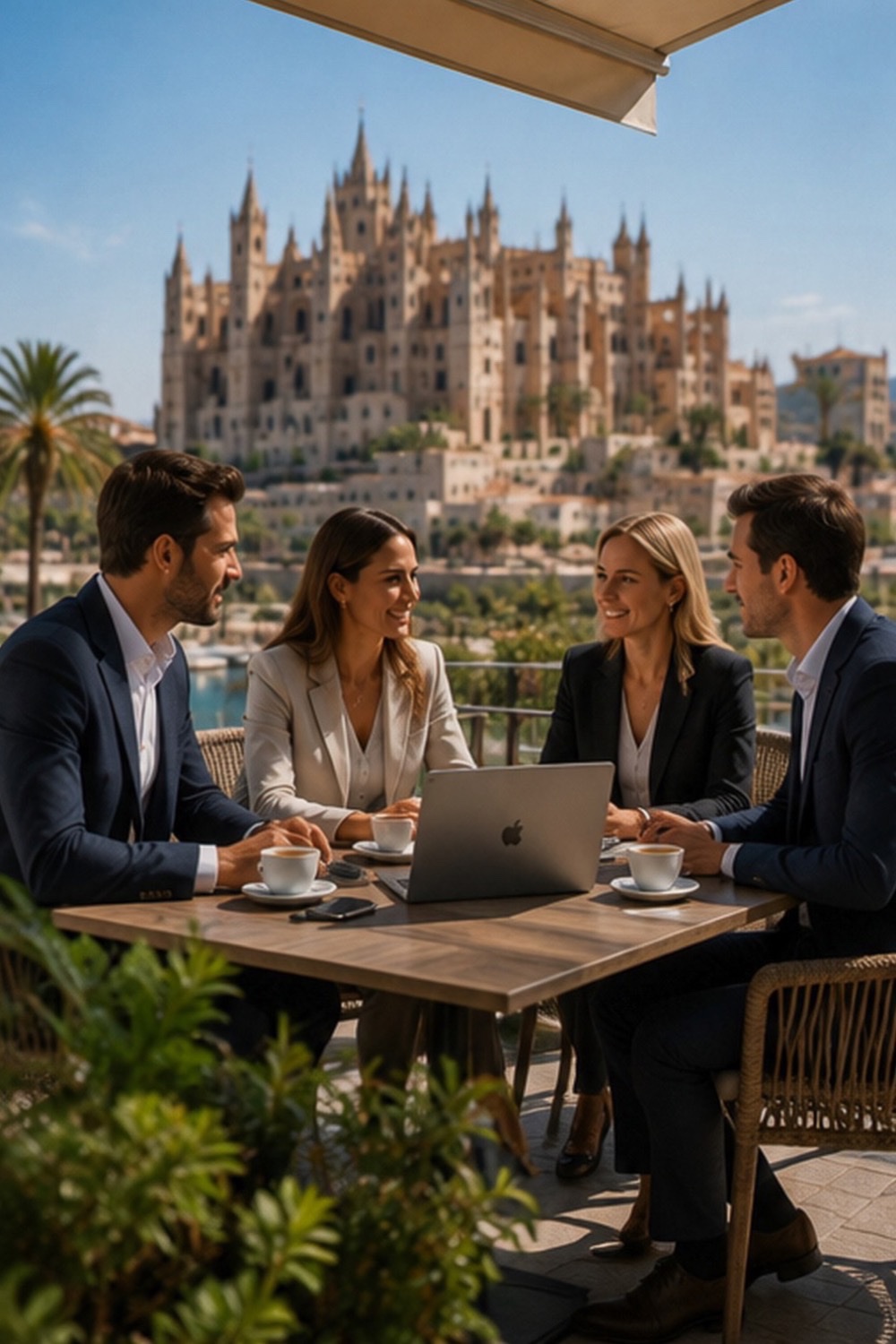 Business Photo Shoot Mallorca — four people meeting on a terrace in front of Palma cathedral