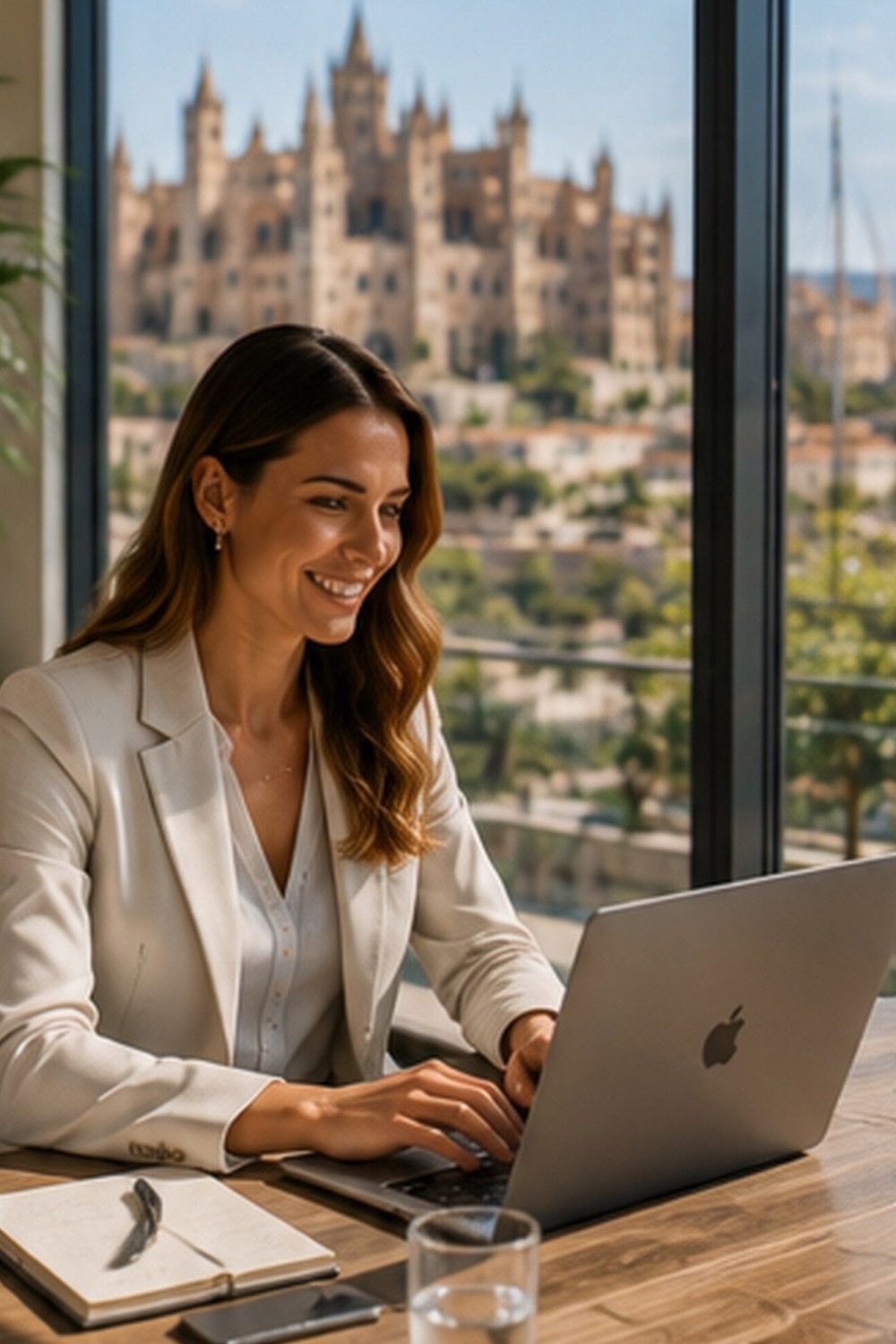 Business Photo Shoot Mallorca — woman in a light blazer at a laptop, Palma cathedral in the window